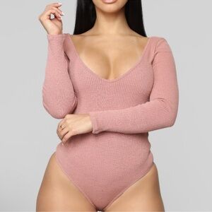 Fashion Nova Mauve Deep V-Neck Ribbed‎ Bodysuit​​​